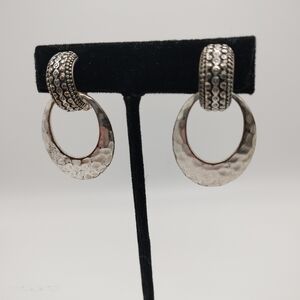 Pewter Silver tone Dangle Hoop Clip On Earrings Hammered Embossed Boho